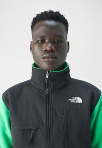 Juodas ir žalias polaro tipo džemperis su aukštu apykakle, užtrauktuku ir priekinėmis kišen�ėmis. Ant krūtinės pavaizduotas "The North Face" logotipas.