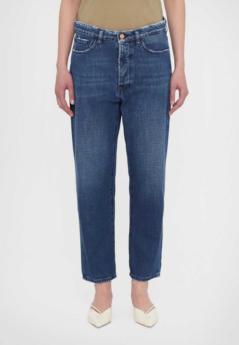 High-waisted blue denim jeans feature a straight fit, five pockets, a button closure, and hemmed cuffs. Material has a smooth texture.