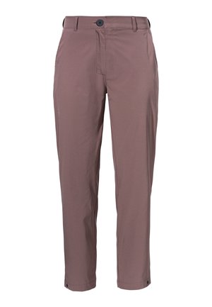 Hellbraune Hose mit geradem Schnitt, ausgestattet mit einem Knopfverschluss, Gürtelschlaufen und seitlichen Taschen. Glatte Stoffqualität, knöchellange Ausführung.