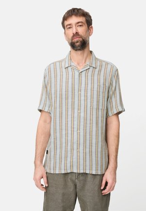 Mand med kort brunt hår og skæg iført en kortærmet skjorte med beige og blå lodrette striber samt olivengrønne bukser.