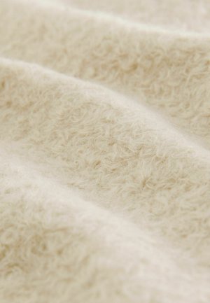 Roomkleurige stof met een zachte, flaue textuur, met een gelaagd uiterlijk en een subtiele glans. Ideaal voor warme textielsoorten of kleding.