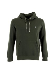 Sudadera verde hecha de un tejido suave, con un bolsillo frontal, cordones ajustables con puntas metálicas y un pequeño logo en el pecho.