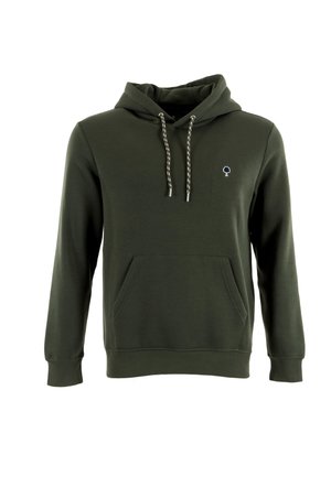 Groene hoodie van zacht materiaal, met een voorzak, verstelbare koordjes met metalen uiteinden en een klein logo op de borst.
