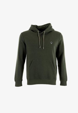 Groene hoodie van zacht materiaal, met een voorzak, verstelbare koordjes met metalen uiteinden en een klein logo op de borst.