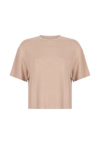 Beige cropped t-shirt van zachte stof met een ontspannen pasvorm, voorzien van korte mouwen en een ronde halslijn, zonder patronen of versieringen.