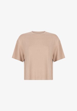 Beige cropped t-shirt van zachte stof met een ontspannen pasvorm, voorzien van korte mouwen en een ronde halslijn, zonder patronen of versieringen.