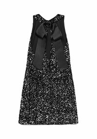 Juoda be rankovių suknelė su strazdanu padengtu sijonu ir satino kaspinu nugaroje, vientisas juodas kūnas ir apvalus iškirpimas.