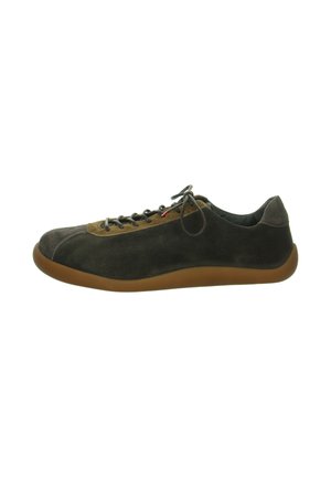 Dark brown suede low-top sneaker with tan accent, black laces, and gum rubber sole, side view on white background.