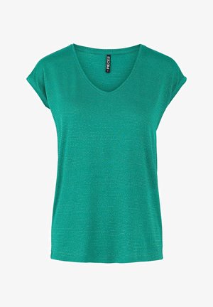 Haut vert à manches courtes avec un design en V, fabriqué en tissu texturé avec de subtils fils métalliques et une coupe décontractée et facile.