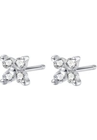 Orecchini a bottone in argento progettati a forma di quadrifoglio con quattro pietre trasparenti rotonde ad ogni angolo, caratterizzati da eleganti accenti in metallo lucido.