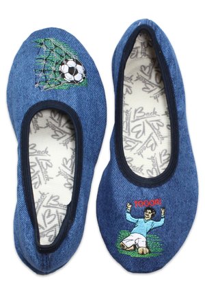 Denim slip-on slippers featuring embroidered soccer motifs: a ball in a goal and a player celebrating, with textured insoles and black trim.