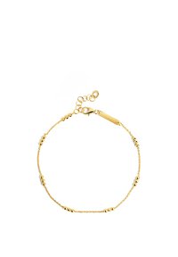 Bracciale in catena placcato oro con piccole perle rotonde e chiusura a gancio, dotato di una catena regolabile per una vestibilità sicura.