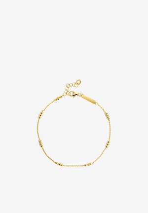 Goldplattierte Kettenarmband mit kleinen runden Perlen und einem Karabinerverschluss, mit einer verstellbaren Kette für einen sicheren Sitz.