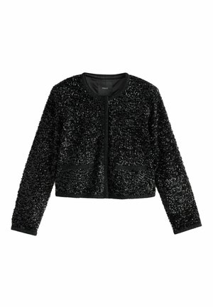 Schwarze, kurz geschnittene Langarmjacke, bedeckt mit glänzenden Pailletten, mit rundem Ausschnitt und zwei Fronttaschen.