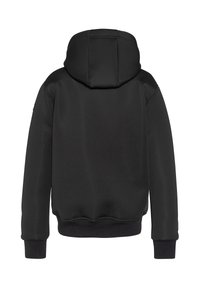 Sweatshirt à capuche noire avec texture lisse, poignets et ourlet élastiques. Comprend une poche kangourou et des coutures décoratives au dos.