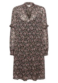 Vestido floral de tela negra transparente, con mangas acampanadas, escote en V y cintura ajustada con falda de capas. Pequeñas flores rosas y azules.