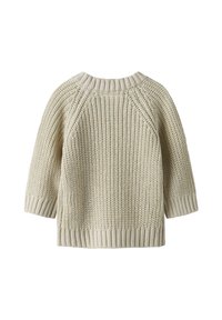 Maglione lavorato a maglia beige chiaro con maniche a tre quarti, orlo a coste e corpo testurizzato in un motivo a punto grosso. Vista posteriore visualizzata.