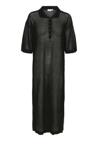 Rochie din plasă neagră cu guler, mâneci scurte și o închidere cu nasturi, având nasturi aurii mari. Are o croială lejeră și un design până la genunchi.