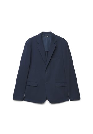 Blazer da uomo blu navy con rever a bavero, due bottoni frontali, due tasche con patta e una tasca sul petto, taglia XL.