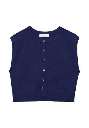 Cardigan senza maniche blu navy lavorato a maglia con scollo rotondo e sette bottoni sul davanti, vestibilità corta.