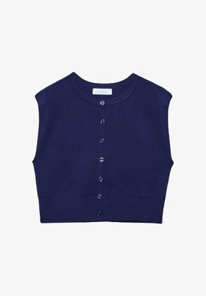 Cardigan senza maniche blu navy lavorato a maglia con scollo rotondo e sette bottoni sul davanti, vestibilità corta.