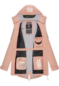 Giacca rosa chiaro con interno grigio, dotata di tasche, fodera in rete, chiusure a zip e dettagli decorativi con logo.