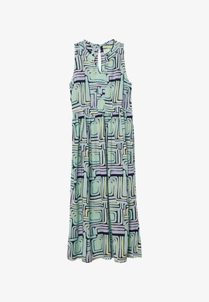 Robe légère sans manches en tissu vert menthe avec un motif géométrique abstrait en noir, violet et crème, dotée d'une encolure en forme de trou de serrure et d'une taille élastique.
