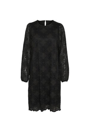 Black lace dress with long, sheer sleeves and floral patterns throughout. Rounded neckline with a keyhole back opening and scalloped hem.