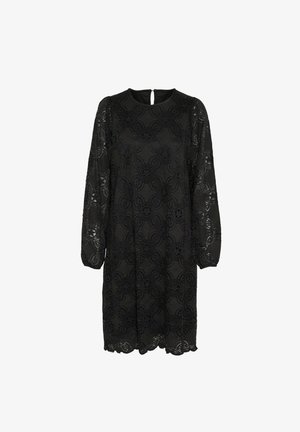 Čierne čipkované šaty s dlhými priesvitnými rukávmi a kvetinovými vzormi po celom povrchu. Okrúhly výstrih s otvorom na chrbte a scalloped lem.