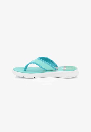 Tongs turquoise avec deux larges sangles et une semelle intérieure texturée. La semelle est blanche, affichant un design simple et une construction légère.
