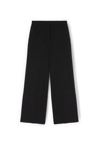 Zwarte wijde broekspijpen gemaakt van gladde stof, met een plooidesign aan de voorkant en een op maat gemaakte tailleband voor een gestructureerde pasvorm.