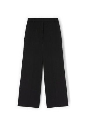 Schwarze, weit geschnittene Hosen aus glattem Stoff, mit einer vorderen Falte und einem taillierten Bund für eine strukturierte Passform.