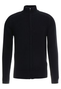 Tmavě modrá zipová mikina s vysokým límcem, opatřená texturovanými pletenými vzory a žebrovanými manžetami a lemem. Přední zip pro snadné oblečení.