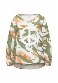 Top a maniche lunghe verde e bianco tie-dye con simbolo di pace bianco. Tessuto morbido, scollatura rotonda e orlo posteriore leggermente allungato.