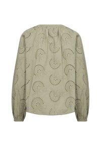 Grüne Bluse mit langen Ärmeln, gerafftem Ausschnitt und bestickten Wirbelmustern, mit Lochdetails und elastischen Manschetten.