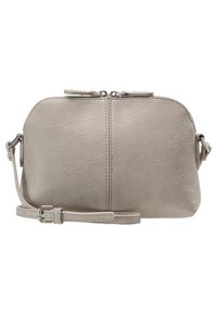 Borsa a tracolla in finta pelle grigia con una texture liscia, chiusura con zip e tracolla regolabile. Design compatto con angoli arrotondati e dettagli in cucitura.