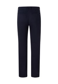 Navy blue trousers with a straight-leg cut, featuring two back pockets and a smooth, matte texture. Designed with belt loops and minimalist detailing.