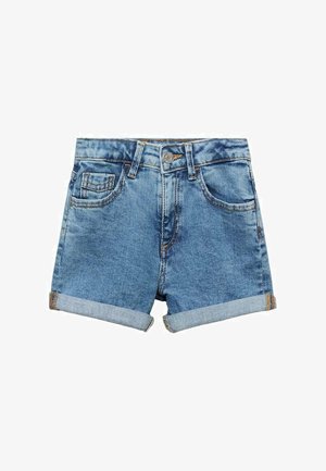 Džínové šortky v svetlom odtieni modrej s klasickým piatym vreckovým dizajnom, srolovanými manžetami a zapínaním na kovový gombík. Ošúchané detaily pridávajú textúru.