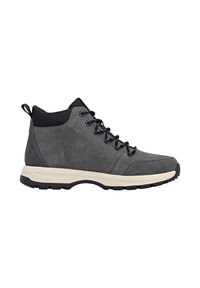 Gray leather hiking boots with a textured finish, black mesh collar, and a light tan sole. Features lace-up front and rugged tread.