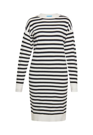 Schwarz-weißer gestreifter Strickkleid mit langen Ärmeln, Rundhalsausschnitt und gerippten Bündchen. Weicher Strickstoff mit gleichmäßigen horizontalen Streifen.