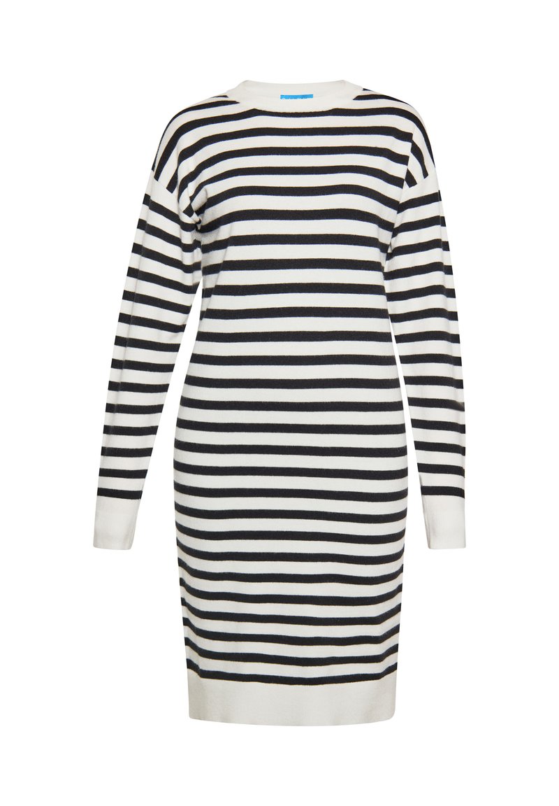 Schwarz-weißer gestreifter Strickkleid mit langen Ärmeln, Rundhalsausschnitt und gerippten Bündchen. Weicher Strickstoff mit gleichmäßigen horizontalen Streifen.