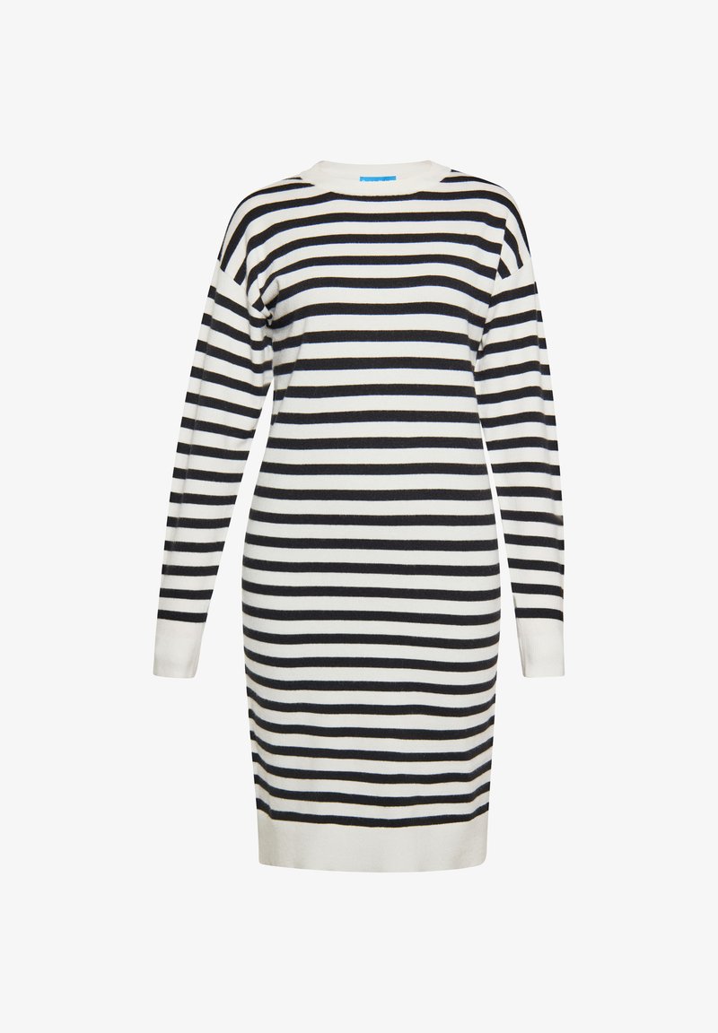 Schwarz-weißer gestreifter Strickkleid mit langen Ärmeln, Rundhalsausschnitt und gerippten Bündchen. Weicher Strickstoff mit gleichmäßigen horizontalen Streifen.