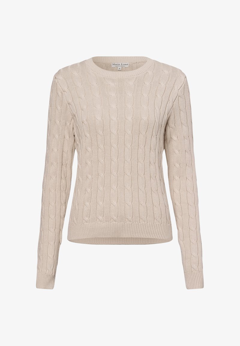 Pull beige en maille torsadée à manches longues avec col rond, poignets et ourlet côtelés, étiquette taille petit.