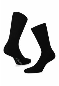Czarne skarpetki wykonane z gładkiego, elastycznego materiału, z wykończeniem w ribby u góry i subtelnym logo na podeszwie. Klasyczny krój kostki.