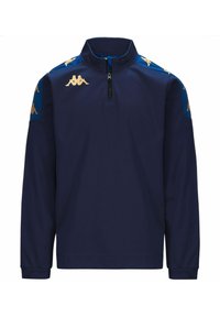 Suéter de marina con media cremallera, mangas largas, logo de Kappa en dorado en los hombros y el pecho, tela texturizada y puños ajustados.