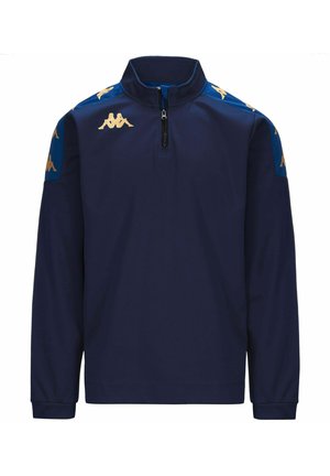 Marineblauwe pullover met halve rits, lange mouwen, Kappa-logo in goud op de schouders en borst, textiel met structuur en aansluitende manchetten.