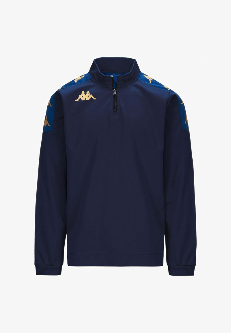 Suéter de marina con media cremallera, mangas largas, logo de Kappa en dorado en los hombros y el pecho, tela texturizada y puños ajustados.
