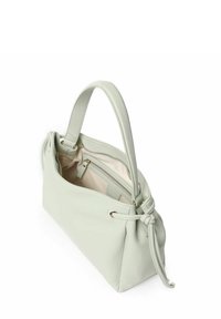 Borsa in pelle verde chiaro con forma strutturata, chiusura superiore annodata e manico singolo. L'interno presenta una tasca con zip.