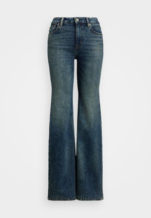 Flared blue denim jeans with a high waist, featuring five pockets and stitching accents. The fabric has a classic faded texture.