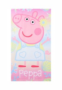 Peppa Pig beach towel featuring a pink pig character in a blue dress with heart pockets on a pastel gradient background. Text: "Peppa."